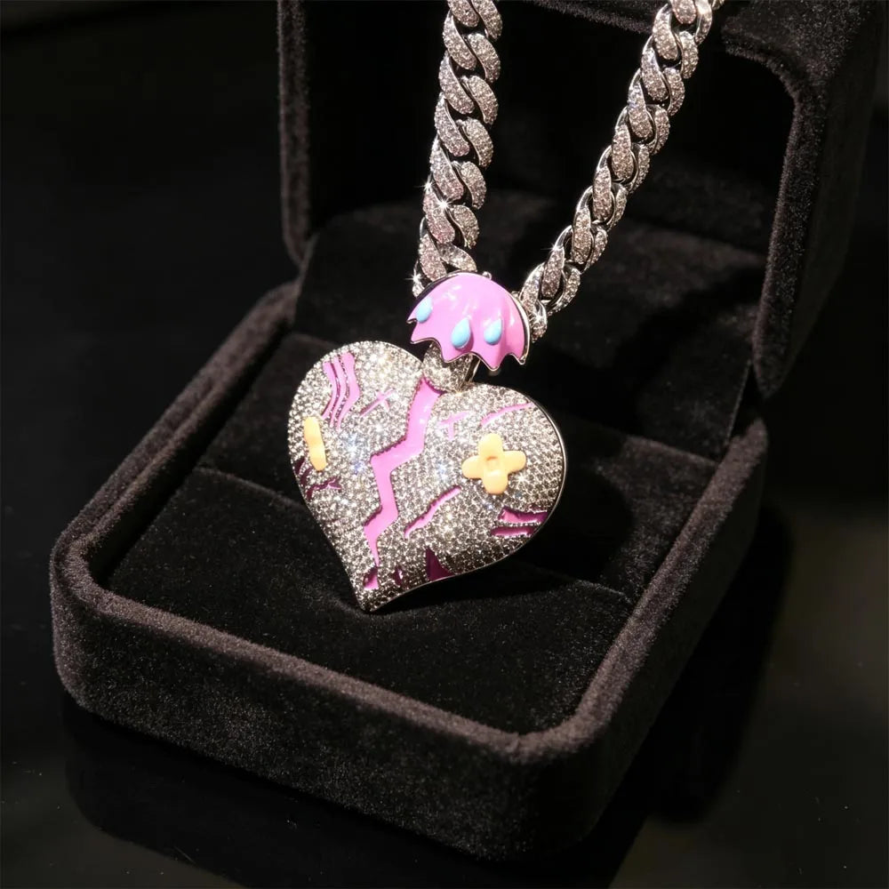18K Gold Plated Broken Heart Charm Hip Hop Cuban Chain Necklace Iced Out Broken Heart Umbrella Tears Pendant Full Paved CZ For Rapper Street Style Club Party Daily Wear Emotional Statement Accessory Trendy Gift Y2K Sad Healin