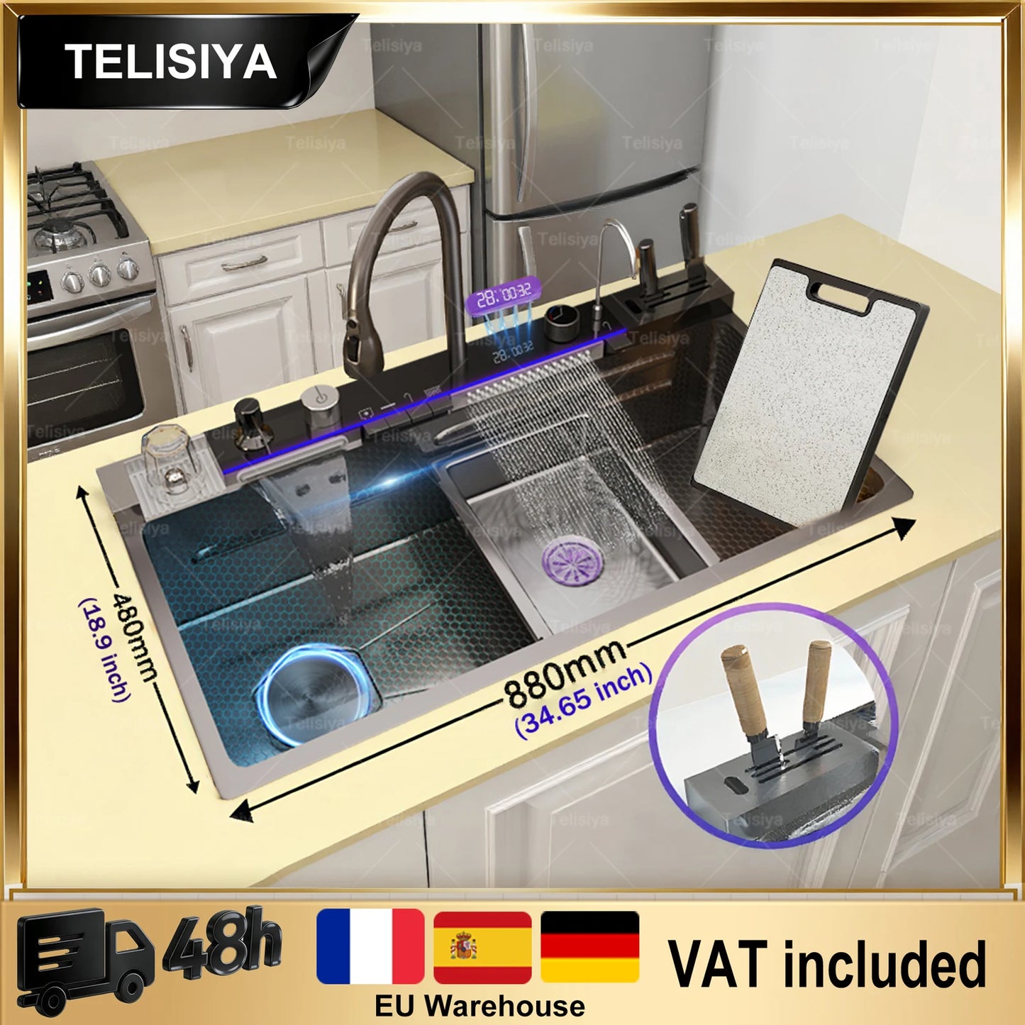 Stainless Steel Kitchen Sink Multifunctional Digital Display Waterfall Large Single Slot Ships from the U.S.