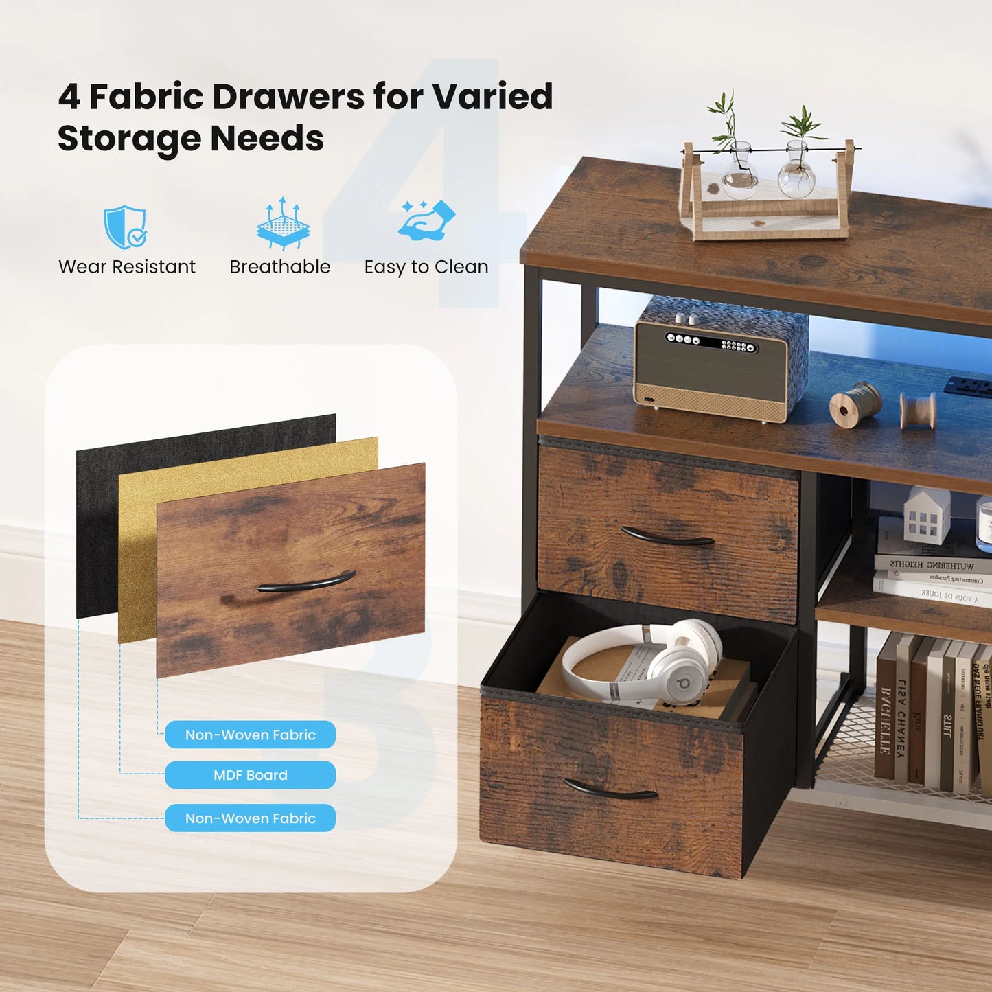 JHK 4 Drawers TV Stand Dresser for Bedroom Entertainment Center with LED Lights and Power Outlets Media Console for 50 Inch TV