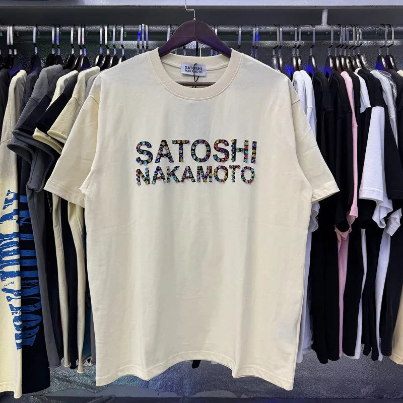 Free shipping New Satoshi Nakamoto fashion T-shirt hotfix rhinestone and Printed with Washed Oversized 100% cotton Men Women T-shirts Y2K Fashion streetwear