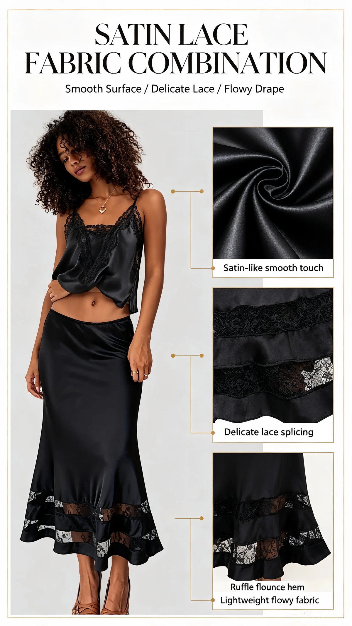 Elegant Satin Ruffle Hem A-Line Long Skirt