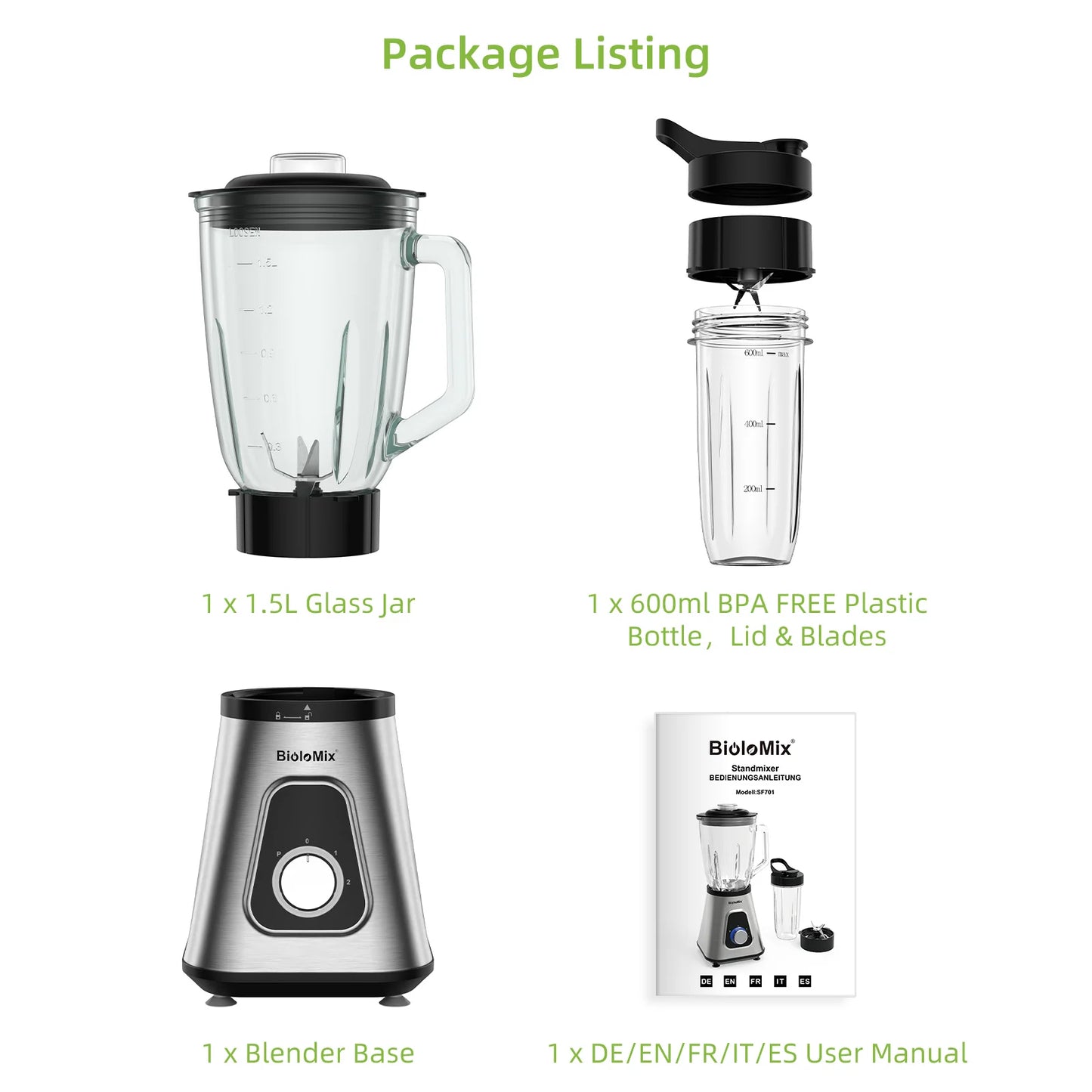 Biolomix 1.5L Glass Jar Smoothie Maker Personal Blender