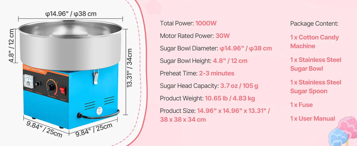SucceBuy Cotton Candy Machine Commercial 1000W Electric Candy Floss Maker Easy Use with 15 inch Stainless Steel Bowl for Kids