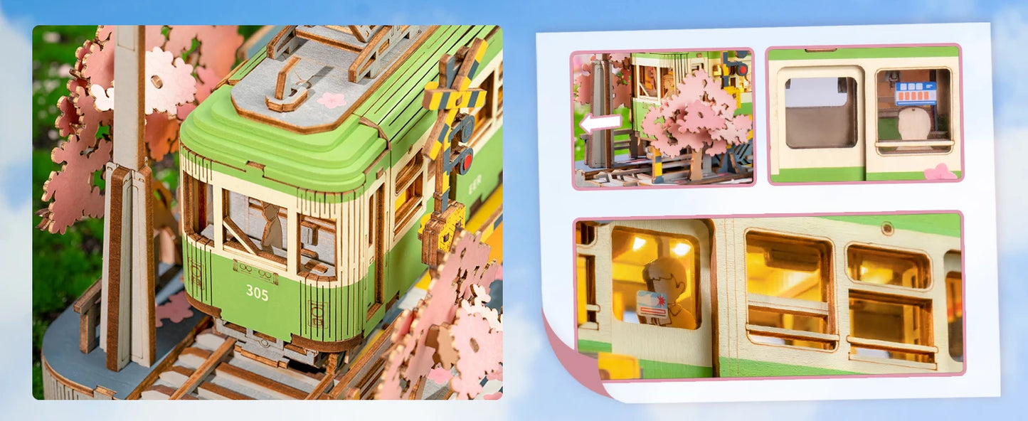 Rolife Wooden 3D Puzzle Sakura Journey Tram DIY Model Building Toy with LED for Bookshelf Home Decor Gifts for Adults Family