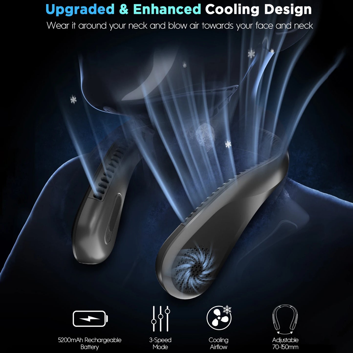 Portable Neck Fan, Rechargeable Bladeless Wearable Fan with 4 Speeds, 66 Vents, Lightweight Personal Fan for Work, Cooking, Travel, Camping, Gym