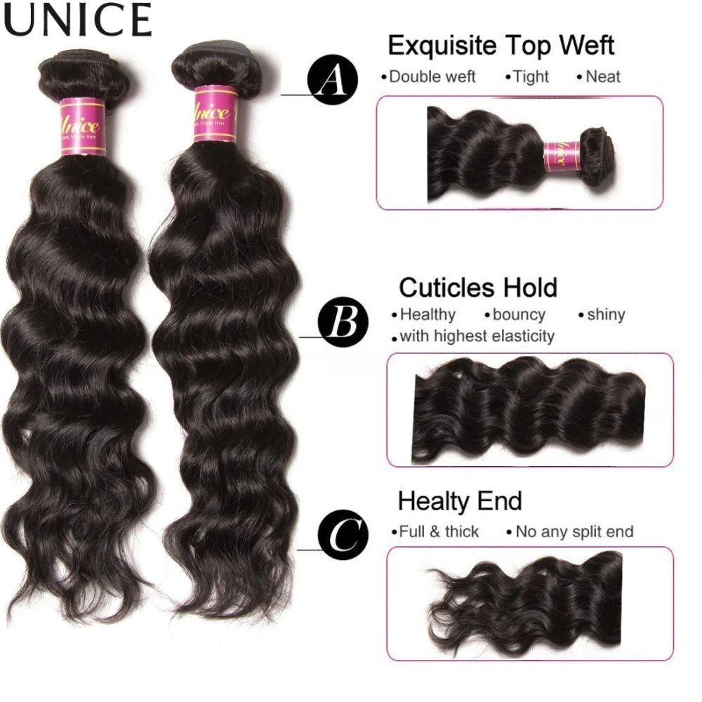 UNice Natural Wave Human Hair Bundles Natural Black 100% Human Hair Bundles 100Grams Bundle Virgin Hair Extension 1/3 Pcs