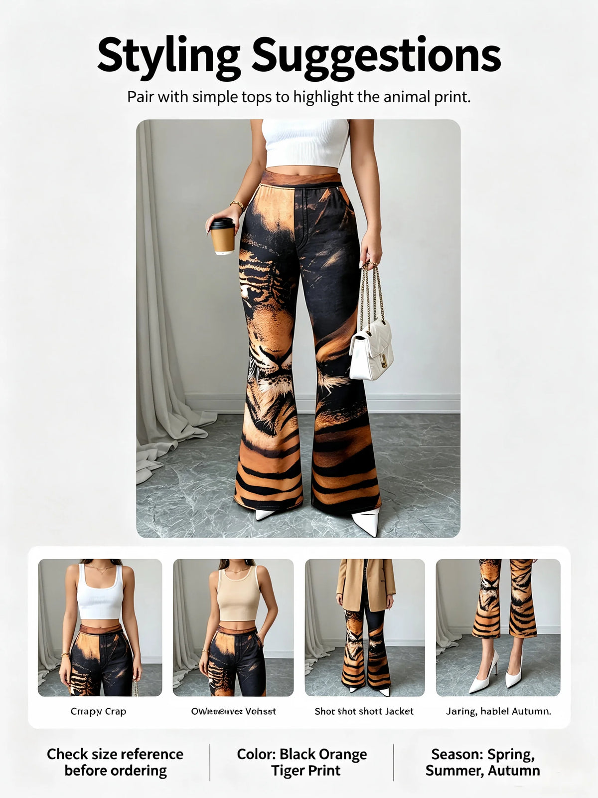 Women High Waist Tiger Print Flare Pants Vintage Animal Pattern Stretch Bell‑Bottom Trousers Club Party Streetwear Pants