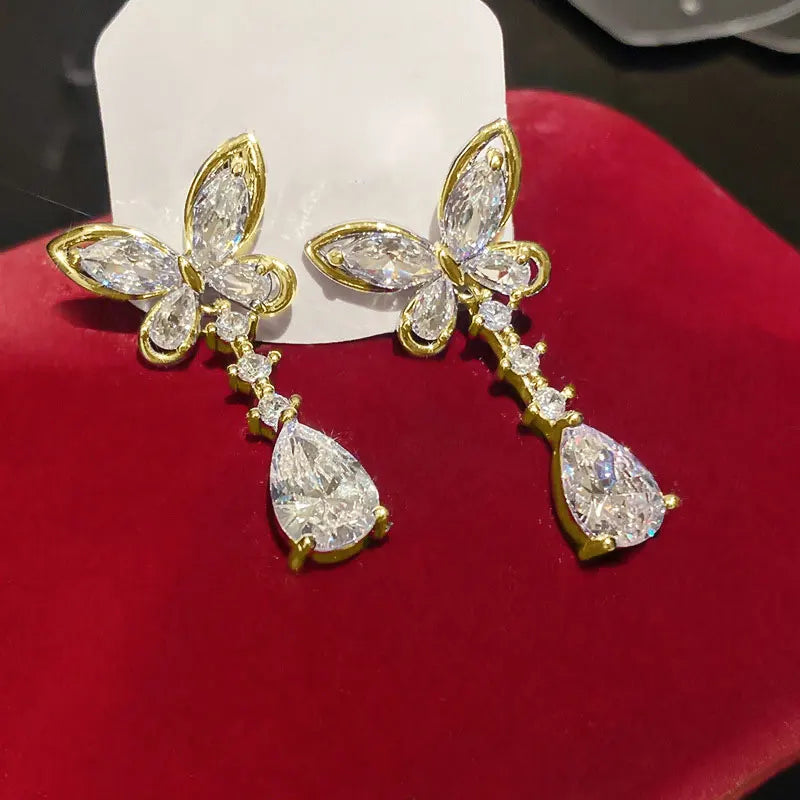 OXTAO Sweet Butterfly-Style Moissanite&CZ Earrings for Women Girl Lab Imitation Diamond Tassels Drop Earrings Jewelry Gifts 14K Gold Filled