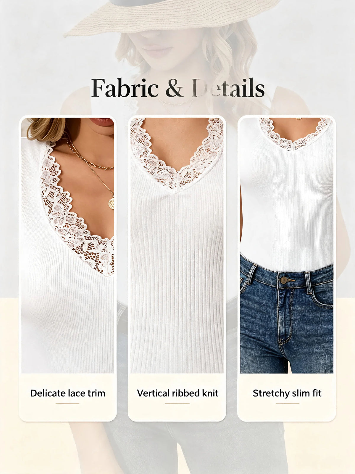 Women Lace V Neck Sleeveless Tank Top Ribbed Knit Slim Fit Vest Casual Daily Basic Cami Tops For Summer