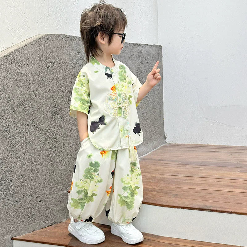 Fashion Baby Tang Costume Tops Pants Two-piece Set Boy Outfit Casual Children's Sets Summer Tweens Boys Hanfu Suit Kids Clothing