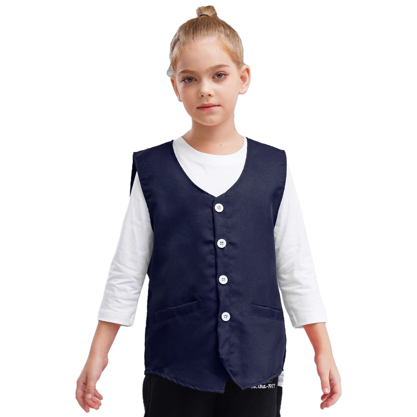 Kids Boys Girls Button Volunteer Vest Solid Color V Neck Sleeveless Waistcoat Volunteers School Camp Activities Uniform