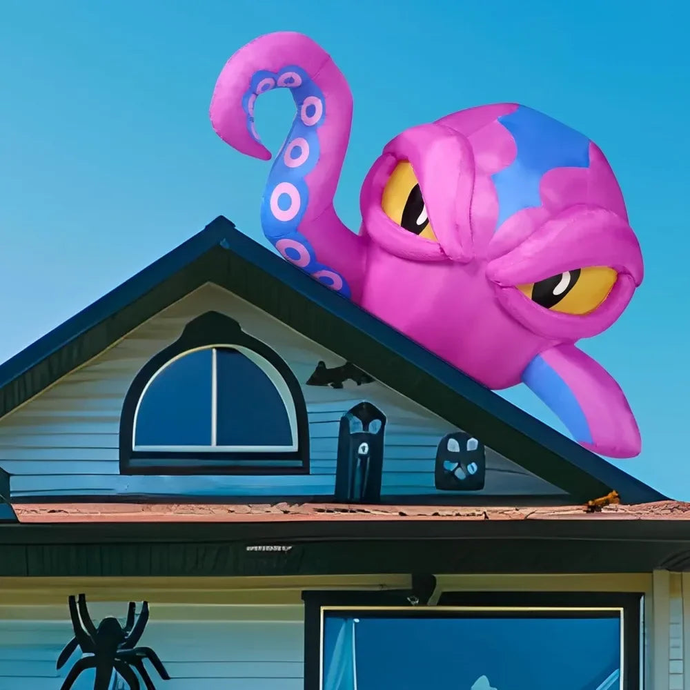 6.2 FT Long Purple Octopus Head Halloween Inflatable with Tentacles Broke Out from Window with Built-in LEDs Blow Up for Halloween Window Decor, Outdoor Yard Garden Lawn Party Decoration
