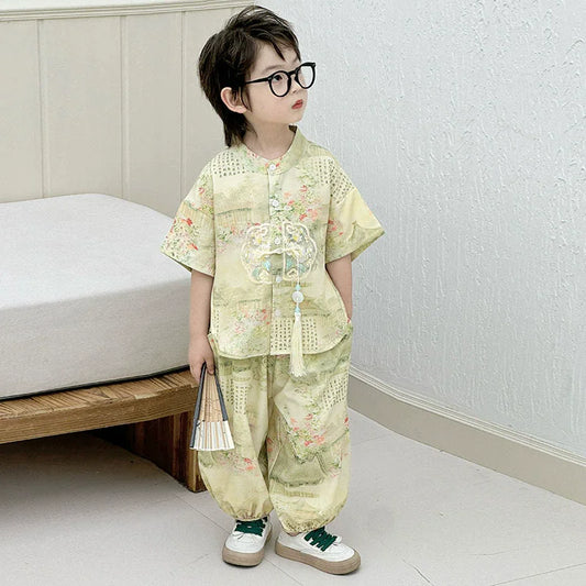 Fashion Baby Tang Costume Tops Pants Two-piece Set Boy Outfit Casual Children's Sets Summer Tweens Boys Hanfu Suit Kids Clothing