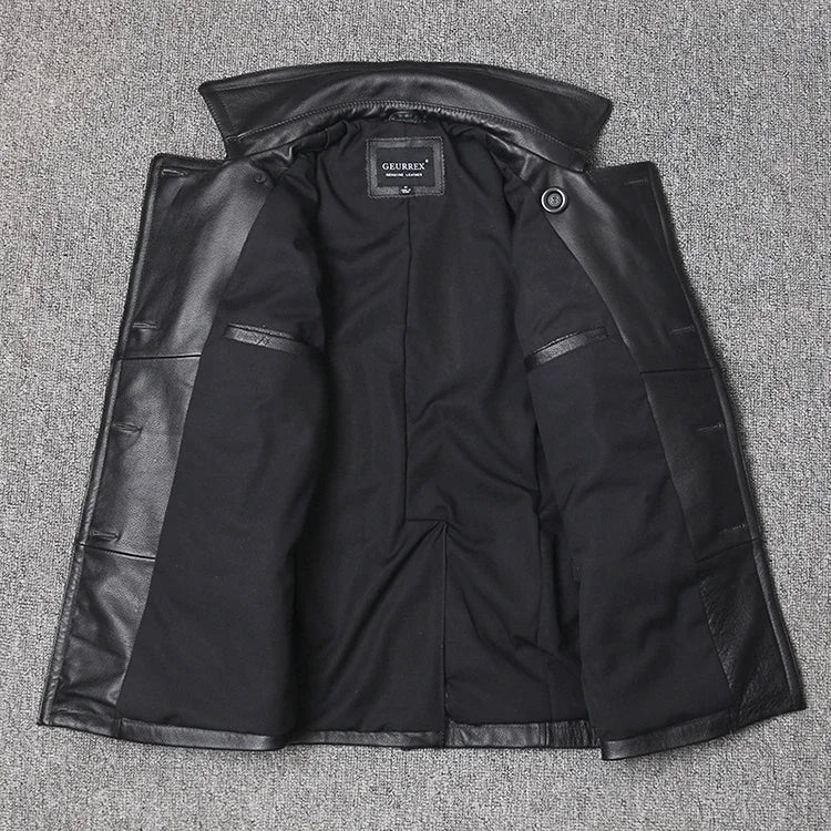 Genuine Leather Jacket Men's Top Layer Cowhide Jacket Mid-Length Men's Lapel Windbreaker Slim-Fit Jacket Double-Breasted