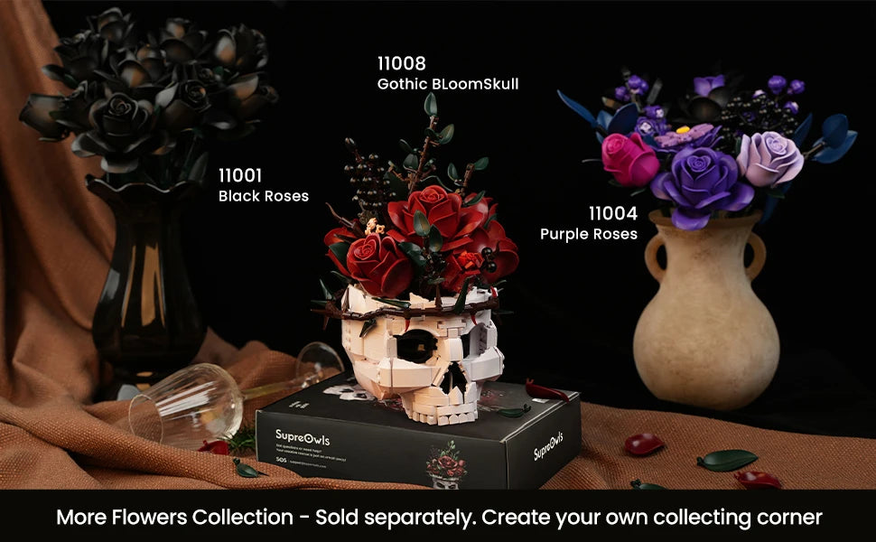 SupreOwls Skull Flowers Building Blocks Set Gothic Roses Bouquet Toy Skeleton Planter Pot Floral Decor Collection Gift for Adult