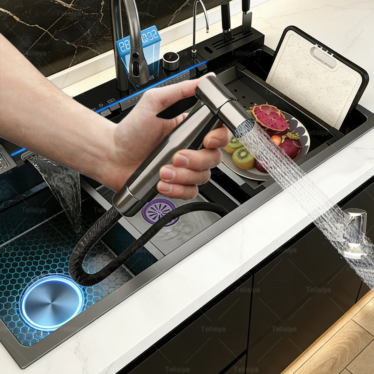 Stainless Steel Kitchen Sink Multifunctional Digital Display Waterfall Large Single Slot Ships from the U.S.