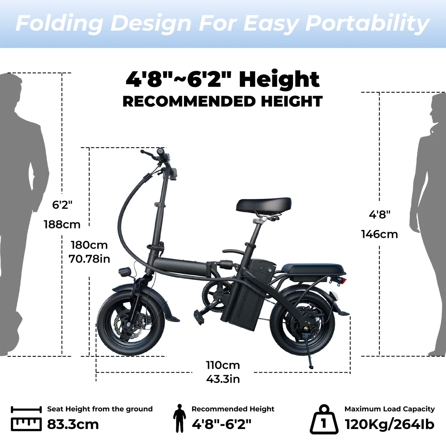 1Year Warranty 500W Adult Electric Bike 20MPH 48V10.4Ah with Dual Disc Brake 14 Inches Folding Electric Bike 22 Mile Range