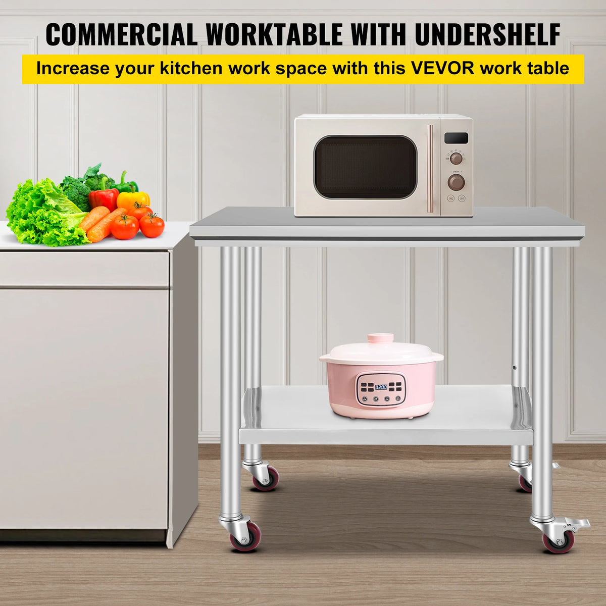 SucceBuy Stainless Steel Kitchen Worktable Shelves Commercial Work Bench Table with Caster Wheels for Home Restaurant Storage