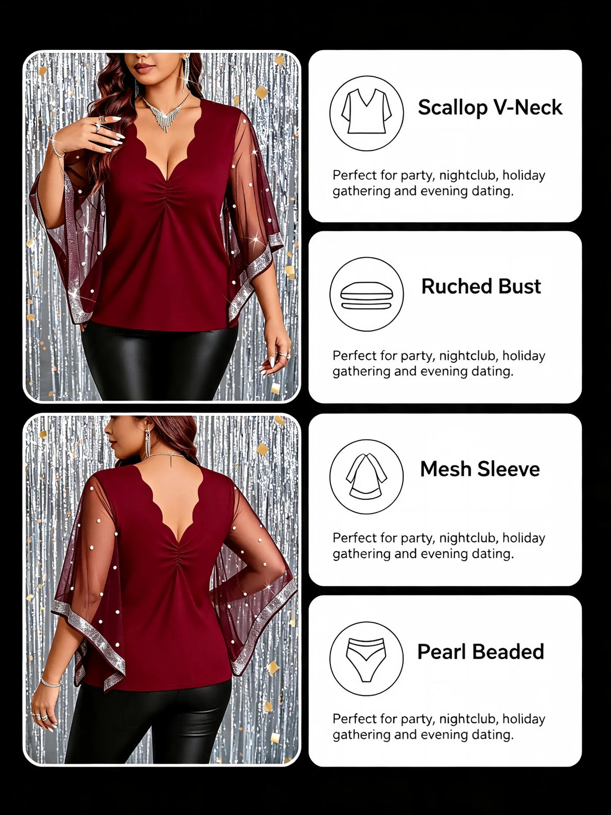 Plus Size Women Party Blouse Scallop V‑Neck Mesh Bell Sleeve Pearl Beaded Glitter Trim Burgundy Evening Clubwear Top