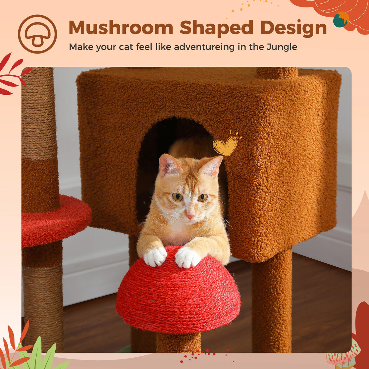Height Adjustable Wooden Cat Tree with Large Hammock Sisal Scratching Posts Floor to Ceiling Cat Tower Cozy Cat Condo for Indoor