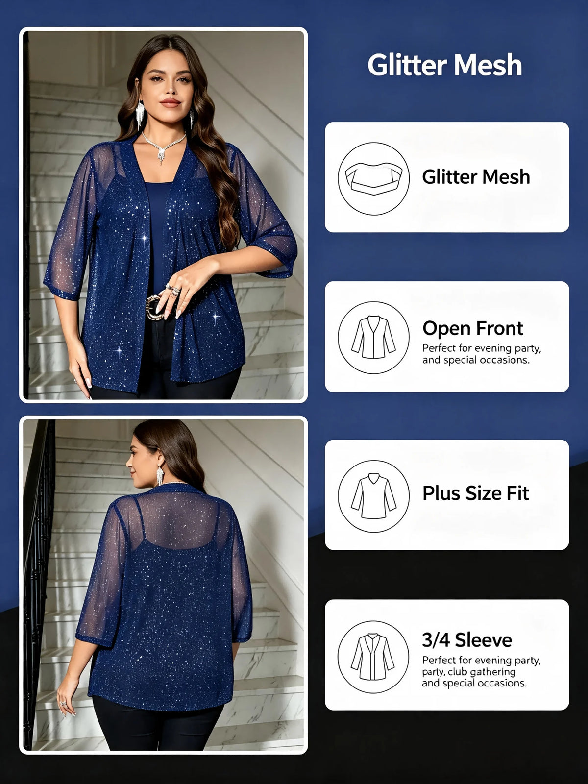 Plus Size Glitter Mesh Kimono Cardigan Women 3/4 Sleeve Open Front Shimmer Sheer Cover‑Up For Evening Party Club Occasion