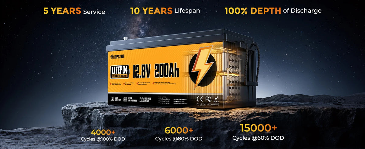 RVPOZWER LiFePO4 Lithium Battery 12V 100Ah 200Ah 1280WH 2560WH Built-in 200A BMS 25000Cycles for RV Boat Portable Rechargeable