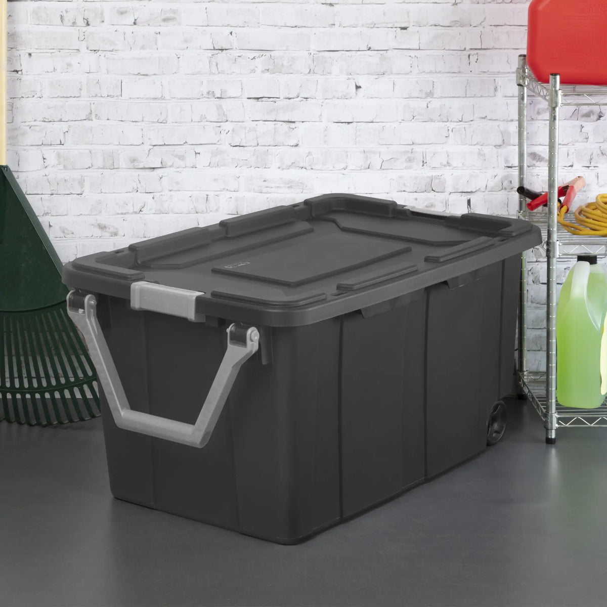 Sterilite Extra Large Storage Bin, 40 Gallon Wheeled Plastic Storage Container with Handle, Black, Pack of 2, Industrial