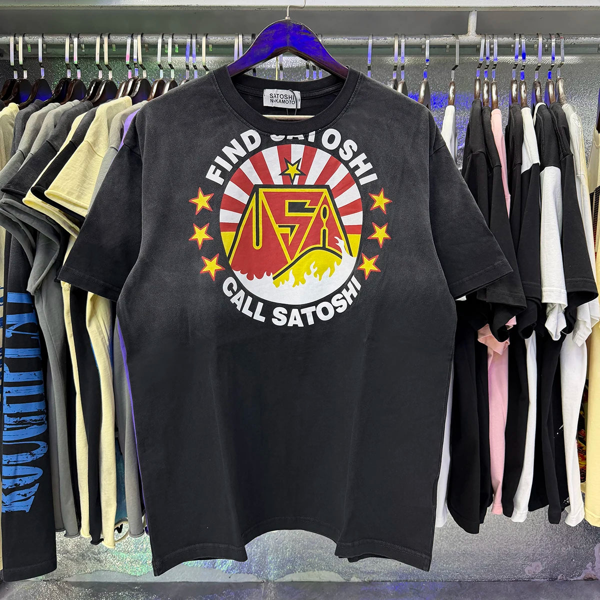 Free shipping New Satoshi Nakamoto fashion T-shirt hotfix rhinestone and Printed with Washed Oversized 100% cotton Men Women T-shirts Y2K Fashion streetwear