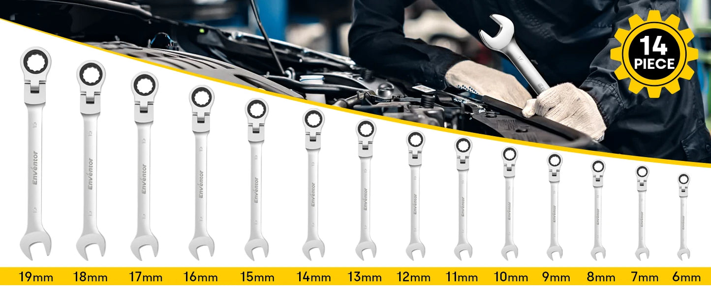 Enventor 14 Pieces Ratcheting Wrench Set 180° Flex Head Metric 6-19mm Combination Ratchet Wrenches Set Rolling Pouch For Garage