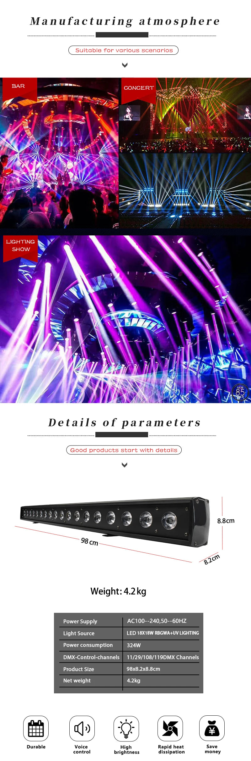 SHEHDS LED 18x18W Wash Wall Floodlight Landscape Flood Down Lighting for Dj Disco Party Wedding Christmas Lights Audience