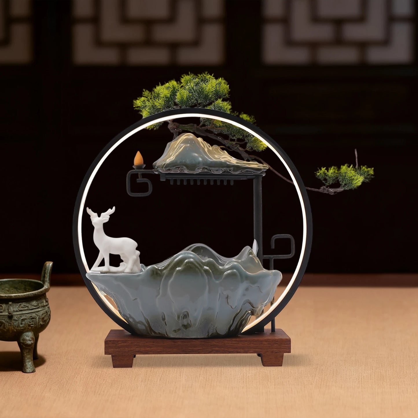 110V Ceramic Tabletop Fountain With Mist LED Deer Figurine Pine Branches Easy Setup Quiet For Indoor Meditation Feng Shui Decor