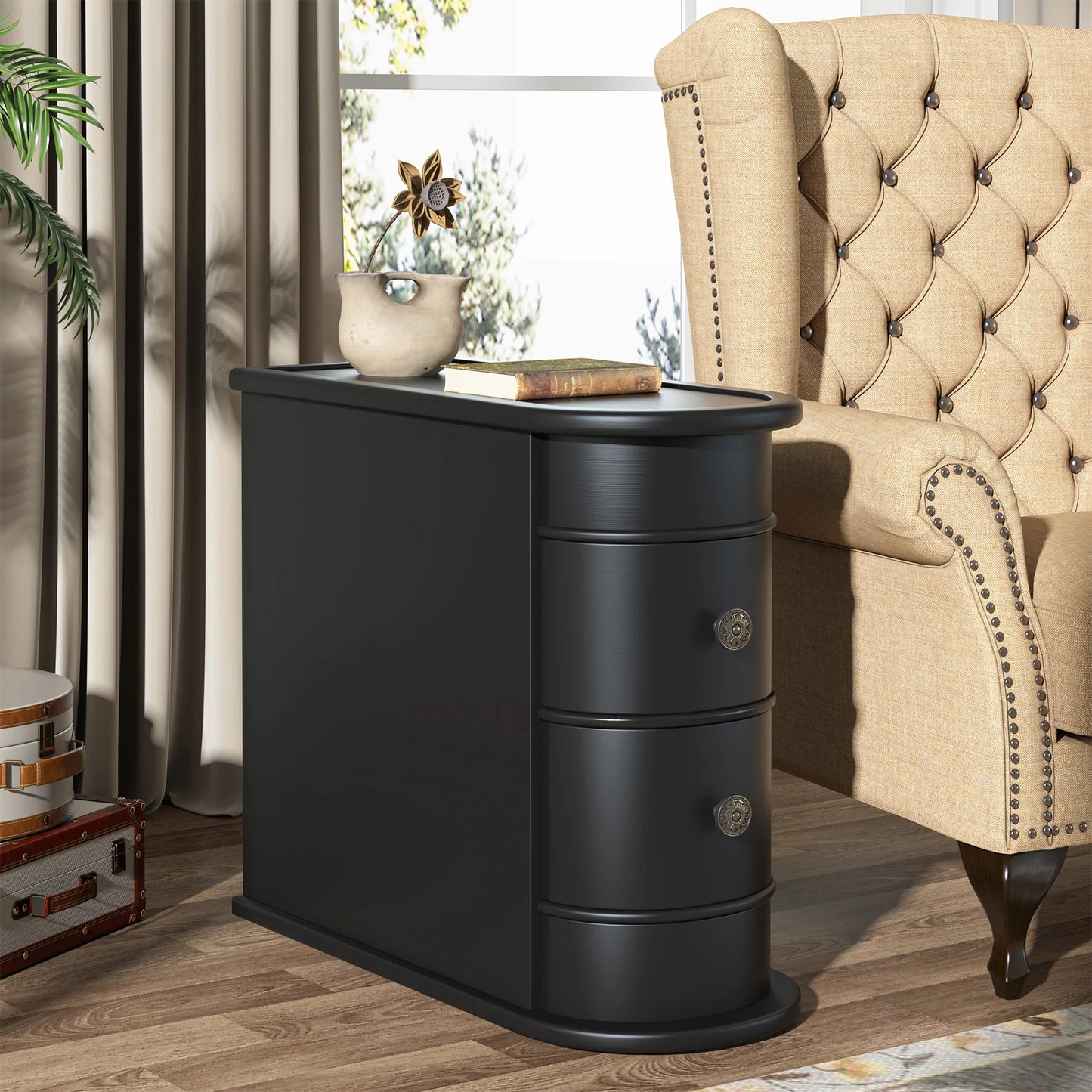 Tribesigns End Table Round Solid Wood Sofa Bedside Narrow Bedroom Side Table Nightstand with Drawer