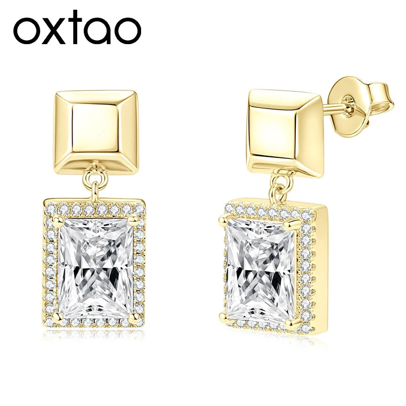 OXTAO Brilliant Geometric Stud Earrings for Women 14K Gold Filled 6x8mm Moissanite Drop Earrings Fashion Wedding Party Gift