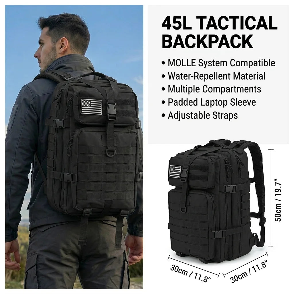 Men 45L Tactical Backpack Molle Bug Out Bag Survival Emergency Water Resistant Outdoor Hiking Camping Travel Rucksack Large Capacity EDC Everyday Carry Commuter Work School Laptop Daypack Trekking Cycling Durable Wear Resista