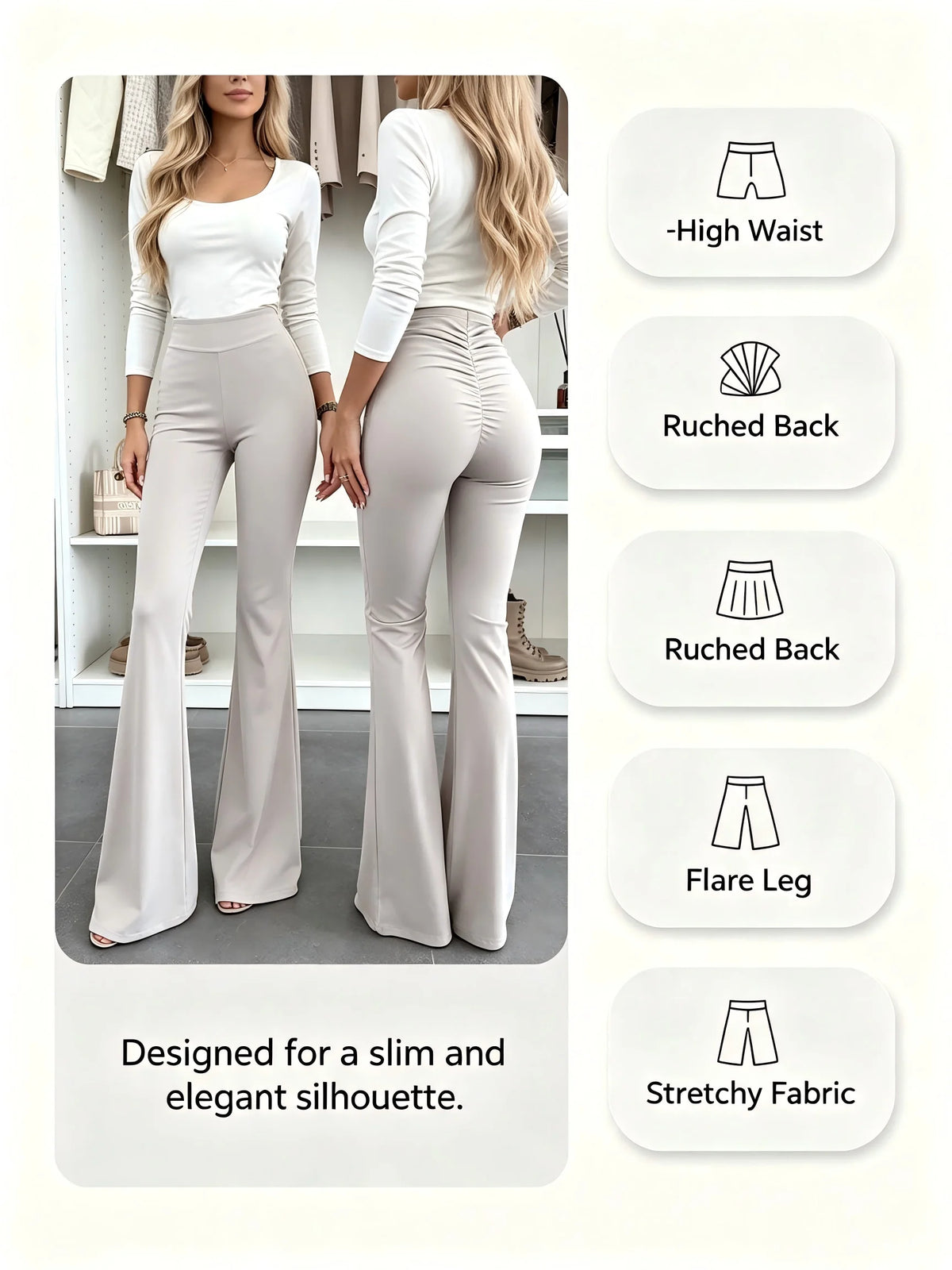 Women's High Waist Flare Leg Pants Ruched Back Stretchy Long Pants Elegant Office Streetwear