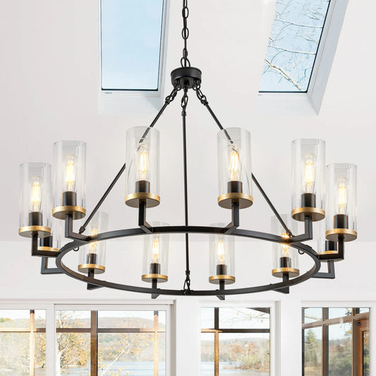 12 Lights High Translucent Large Glass Chandeliers Rustic Black Chandelier For Living Room Foyer Entryway Decor Fixture