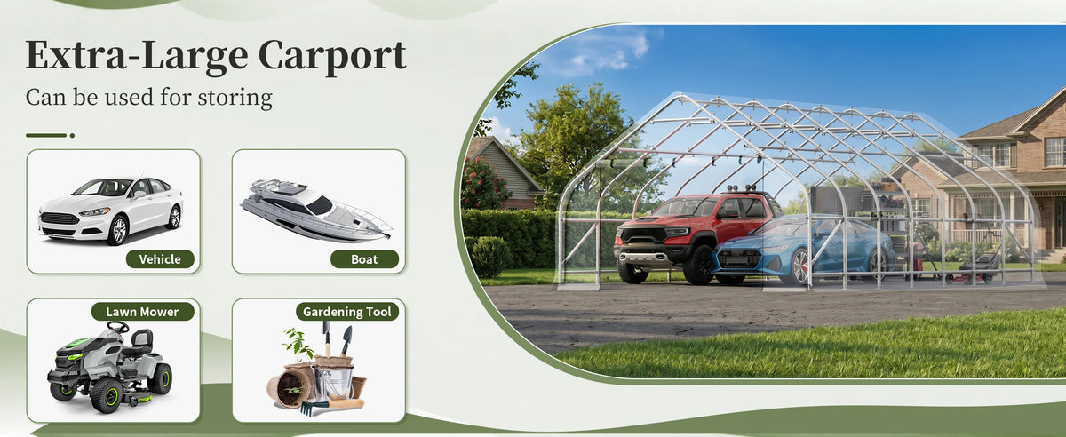 Polar Aurora 20x30 FT Heavy Duty Curved Carport, Portable Car Tent Garage with Reinforced Galvanized Steel Frame, Enclosed Car Port Canopy with Roll-Up Windows & Doors for Truck, Boat, Silver