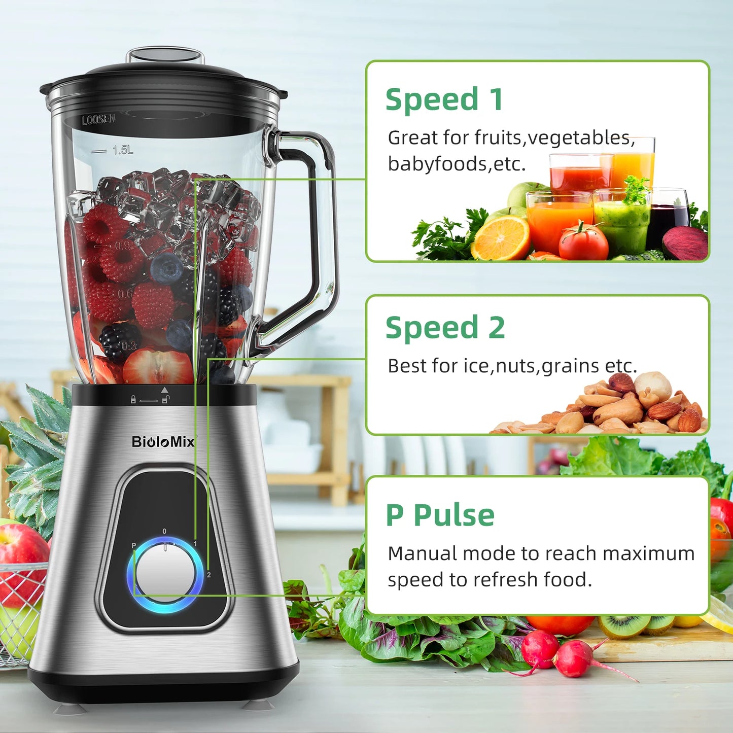 Biolomix 1.5L Glass Jar Smoothie Maker Personal Blender