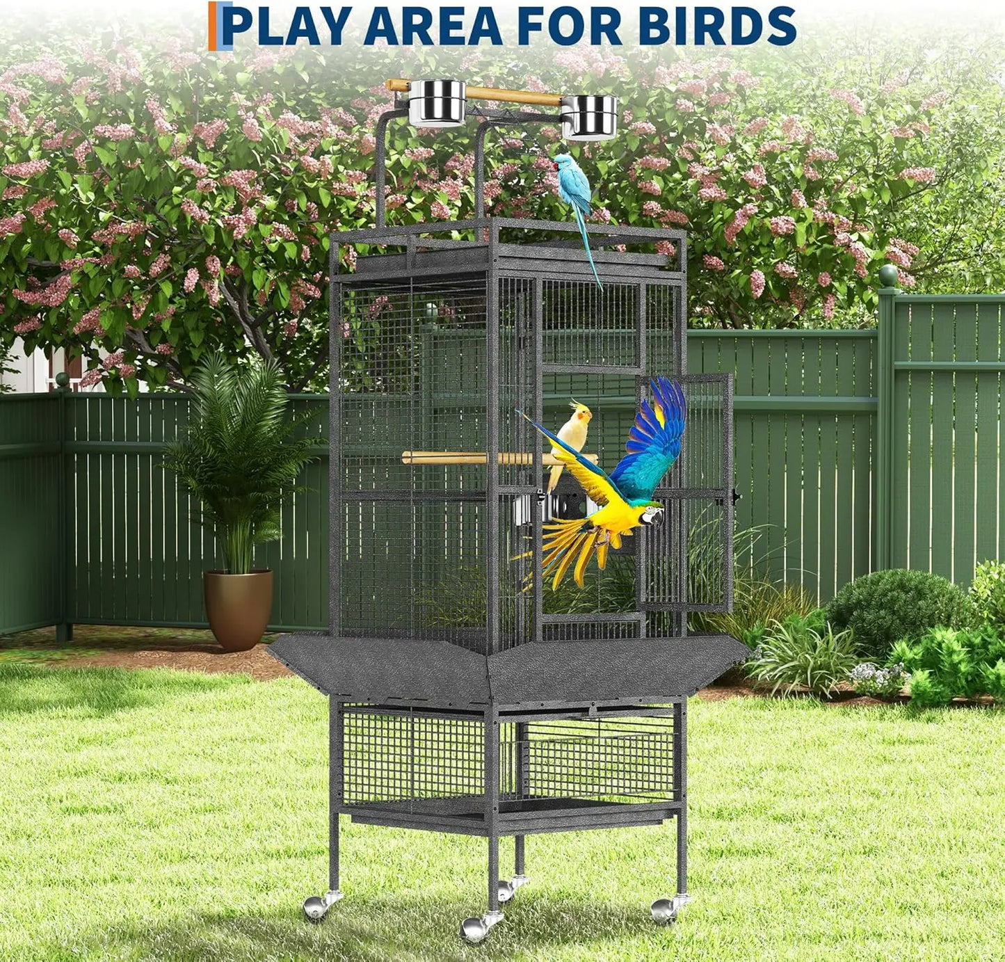 Large Bird Cage, Metal Parakeet Cage with Play Top, Wood Perches & Feeder, Spacious Rolling Flight Cage for Parrots, Cockatiels