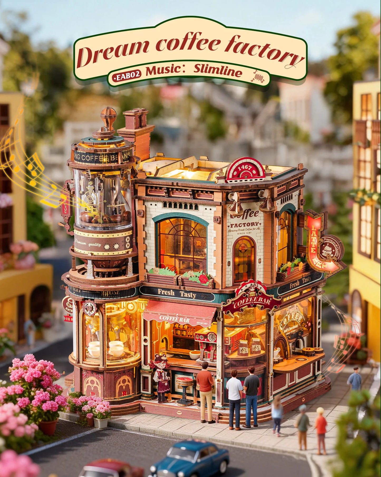ROKR Wooden 3D Puzzle Dream Coffee Factory Music Box Model Building Kit 593-piece DIY Miniature House Kit with LED Light Unique Home Decor Gift for Adults Women