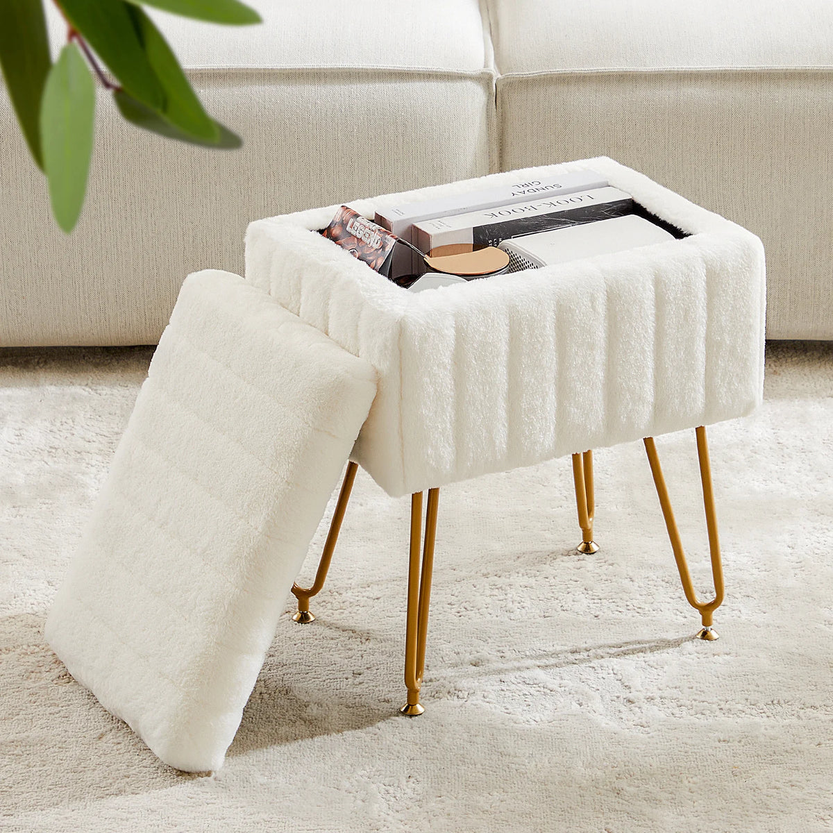 JHK Faux Fur Upholstered Storage Ottoman Metal Legs Padded Seat