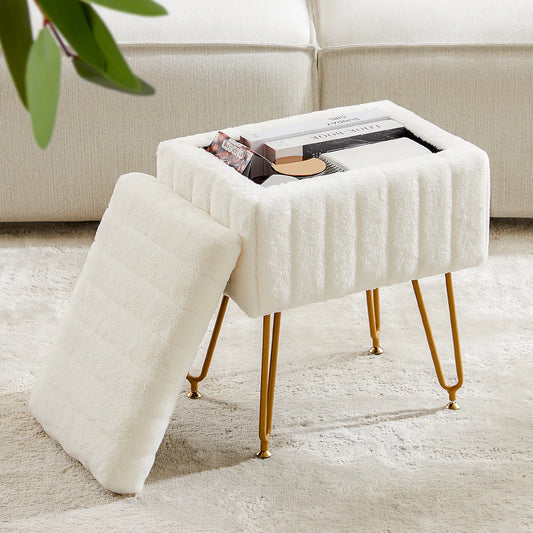JHK Faux Fur Upholstered Storage Ottoman Metal Legs Padded Seat