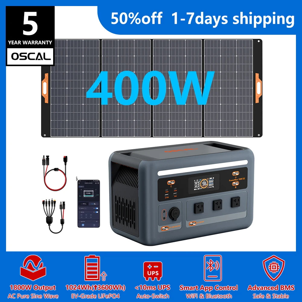 OSCAL 1024Wh LiFePO4 Portable Power Station 1800W Continuous 3600W Surge 1H Fast Charge UPS Solar Generator APP Control for Home Hurricane Camping RV（OSCAL PowerMax 1800）