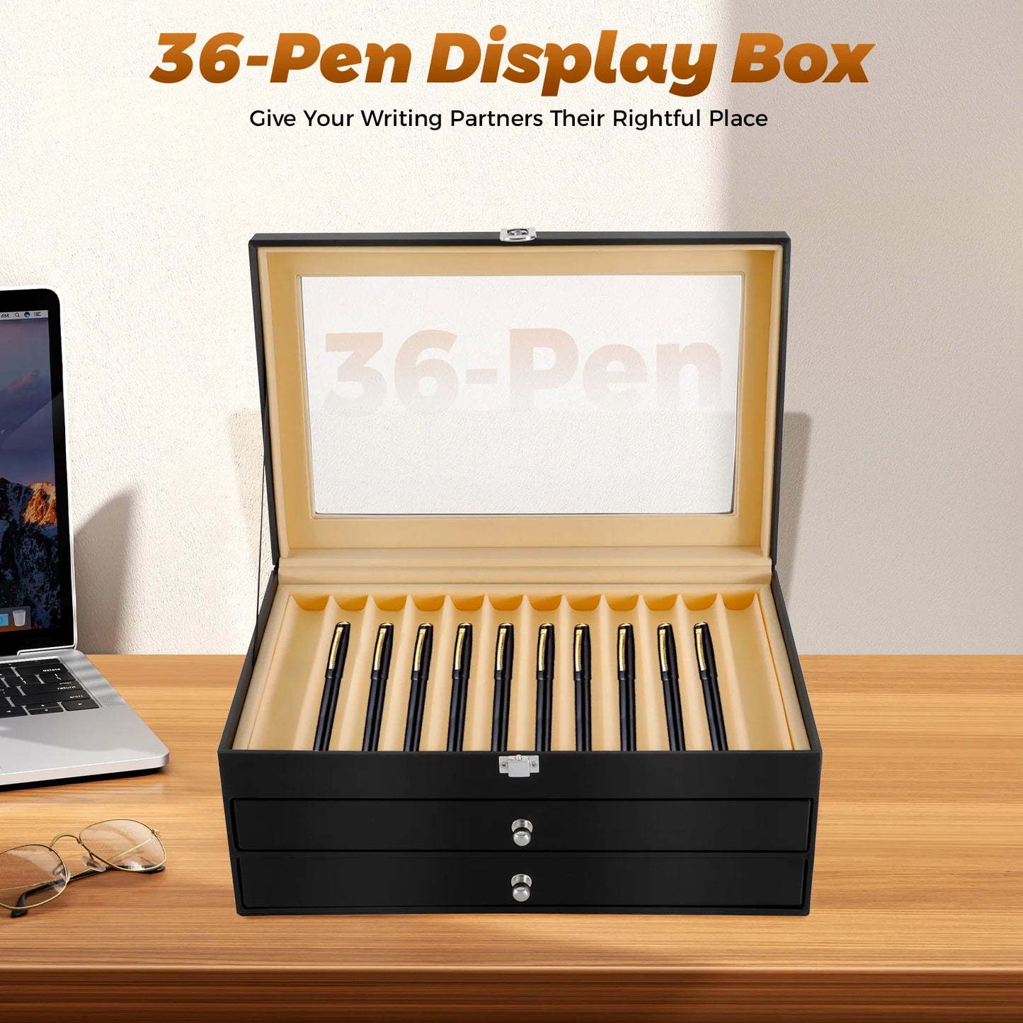 3-Tier Pen Display Box Desktop Pens Organizer 36-Slots Pen Case Soft PU Surface Black with Drawers