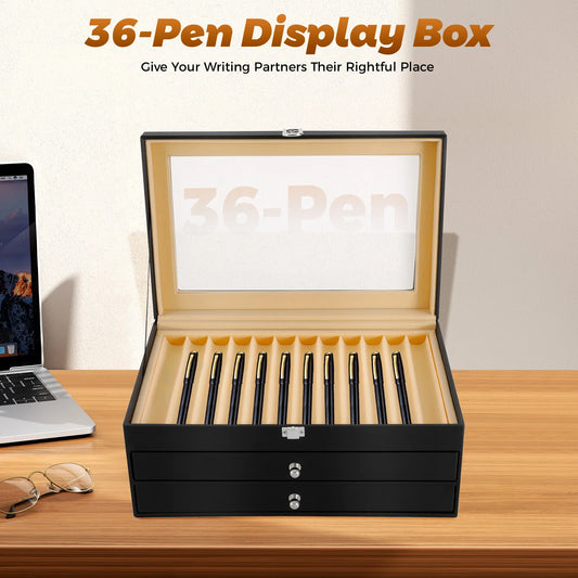 3-Tier Pen Display Box Desktop Pens Organizer 36-Slots Pen Case Soft PU Surface Black with Drawers