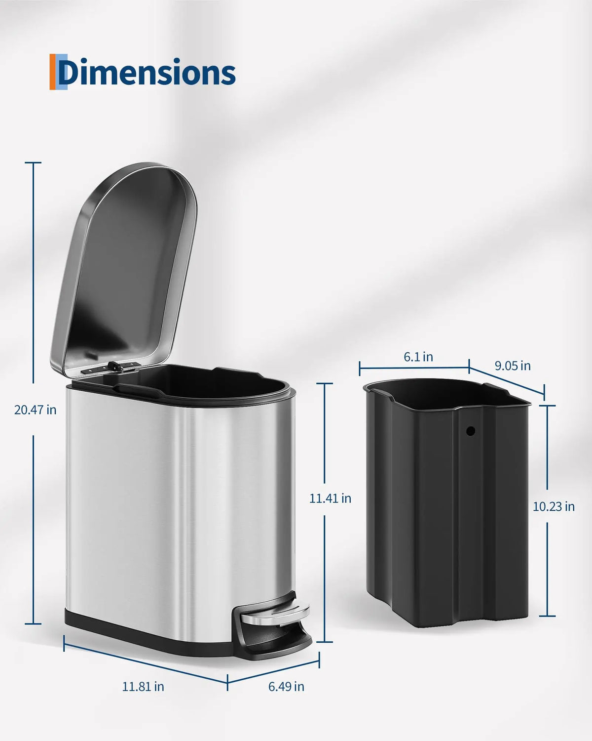 1.6 Gal Step-On Trash Can, Stainless Steel Small Bathroom Garbage Bin with Soft Close Lid, Slim Space-Saving Design, Removable Inner Bucket for Bathroom, Bedroom, Office