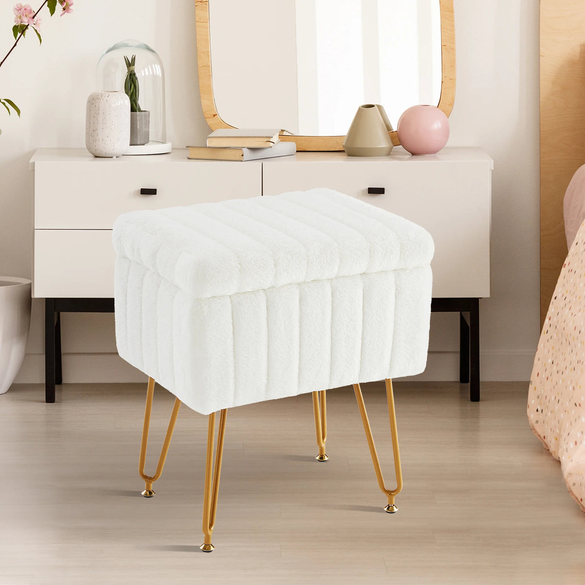 JHK Faux Fur Upholstered Storage Ottoman Metal Legs Padded Seat