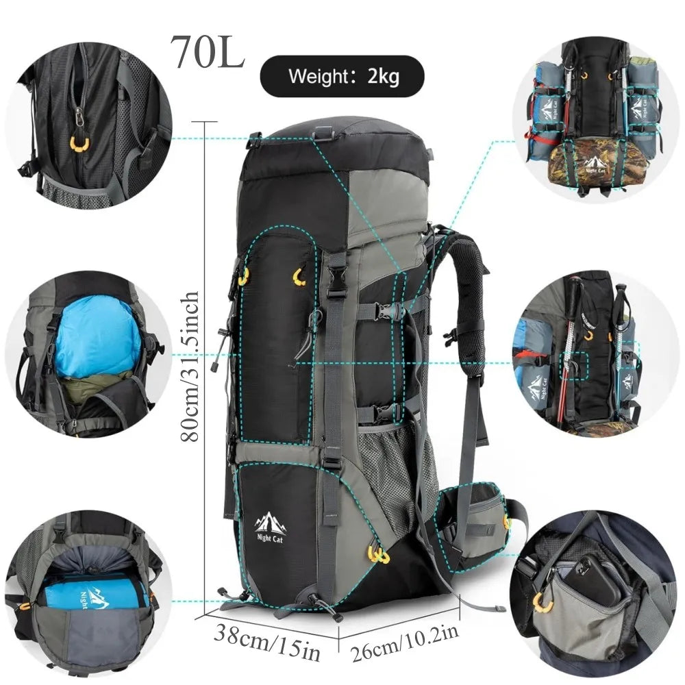 Night Cat Camping Backpacks 70L 90L with Internal Frame Hiking Backpack for Men Women Waterproof Lightweight Breathable Outdoor Mountaineering Traveling