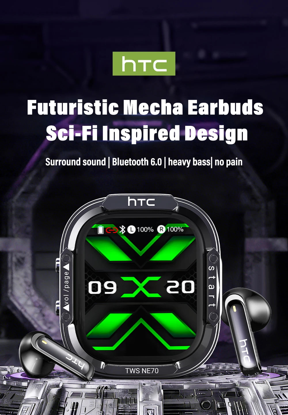 Wireless Headphones Bluetooth HTC NE70 Earphones Microphones Earbuds AI Translator 30Hours of Battery Life Full HD LCD Display