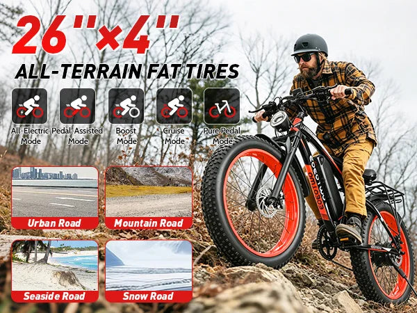 EOEOTWO 26" Fat Tire Electric Bike for Adults, 1000W Motor 1500W Peak, 48V 15Ah Battery, 34 MPH Max Speed, Up to 60 Miles Long Range